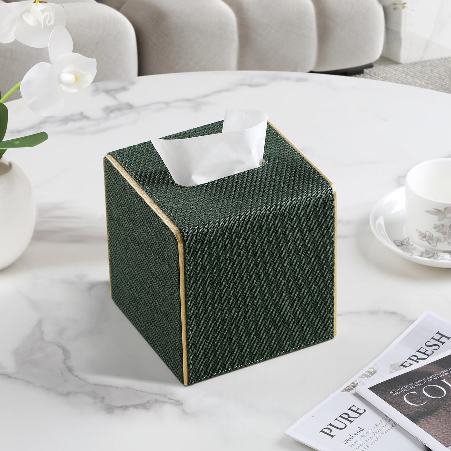 Square PU Leather Tissue Box Cover with Magnetic Closure, Decorative Tissue Holder & Storage Container for Bedroom, Living Room, Dining Room, Bathroom, Countertop, Desk (Square Dark Green Twill)
