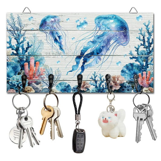 DELORIGIN Dreamy Jellyfish and Coral Key Holder with 5 Hooks Wall Mounted Wooden Keys Storage Racks House Key Organizer Hanger Keys Holder for Wall Decor Door Entryway Hallway Kitchen New Home Gift