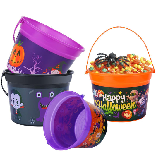 Holady 4 Pcs Halloween Bucket Kids Party Favors Trick or Treat Pail with Handle Candy Treat Bucket Pumpkin Colored for Children Halloween Party Supplies