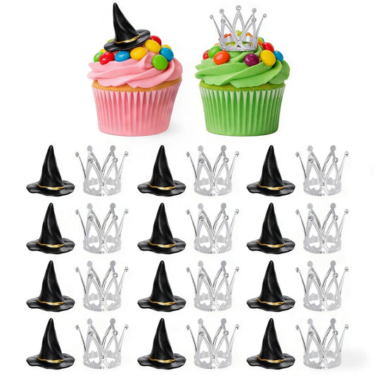 cnomg 24 Pcs Witch Hat and Crown Cake Topper Mini Wizard Hats Crown Cupcake Decorations for Party Birthday Cake Craft