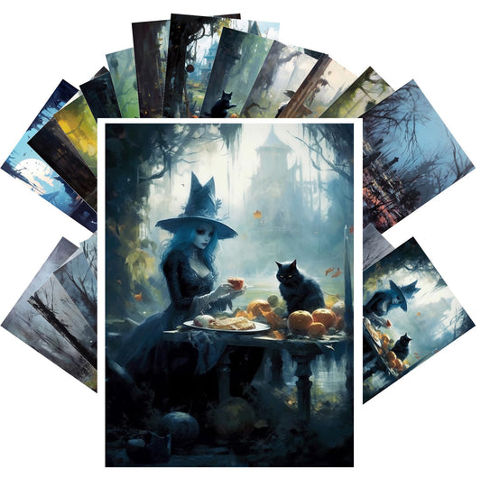 PIXILUV Vintage Postcards (24 pcs 4"x6" each) Spooky Illustrations of Scary Witches in Graveyards Vintage Halloween Postcards Retro Greeting Card Book Illustration Reprint