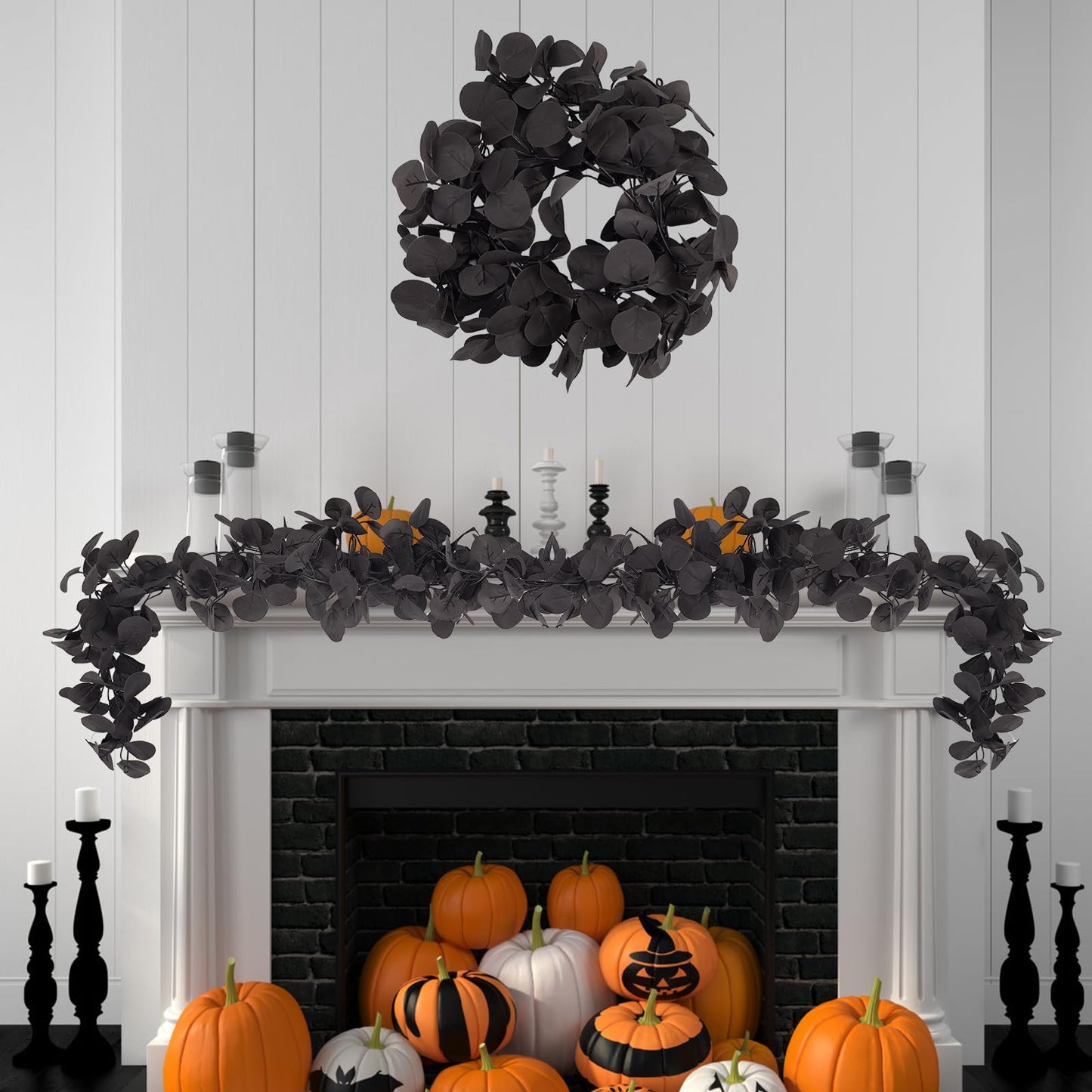 ZeKonan 2 Pack Artificial Eucalyptus Garland, 5.91FT Faux Black Eucalyptus Leaves Vines for Wedding Arch, Table Centerpiece, Wall Decor, Indoor Outdoor Party Fireplace Backdrop Halloween Decoration