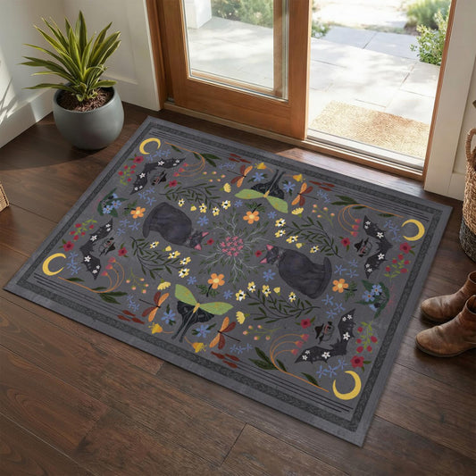 Gothic Entryway Washable Rug 2x3ft,Farmhouse Goth Mystic Bats Cat Mushroom Floral Animals Door Mat,Soft Low Pile Non-Slip Indoor Throw Small Vintage Rugs for Entrance,Bedroom,Kitchen,Laundry,Bathroom
