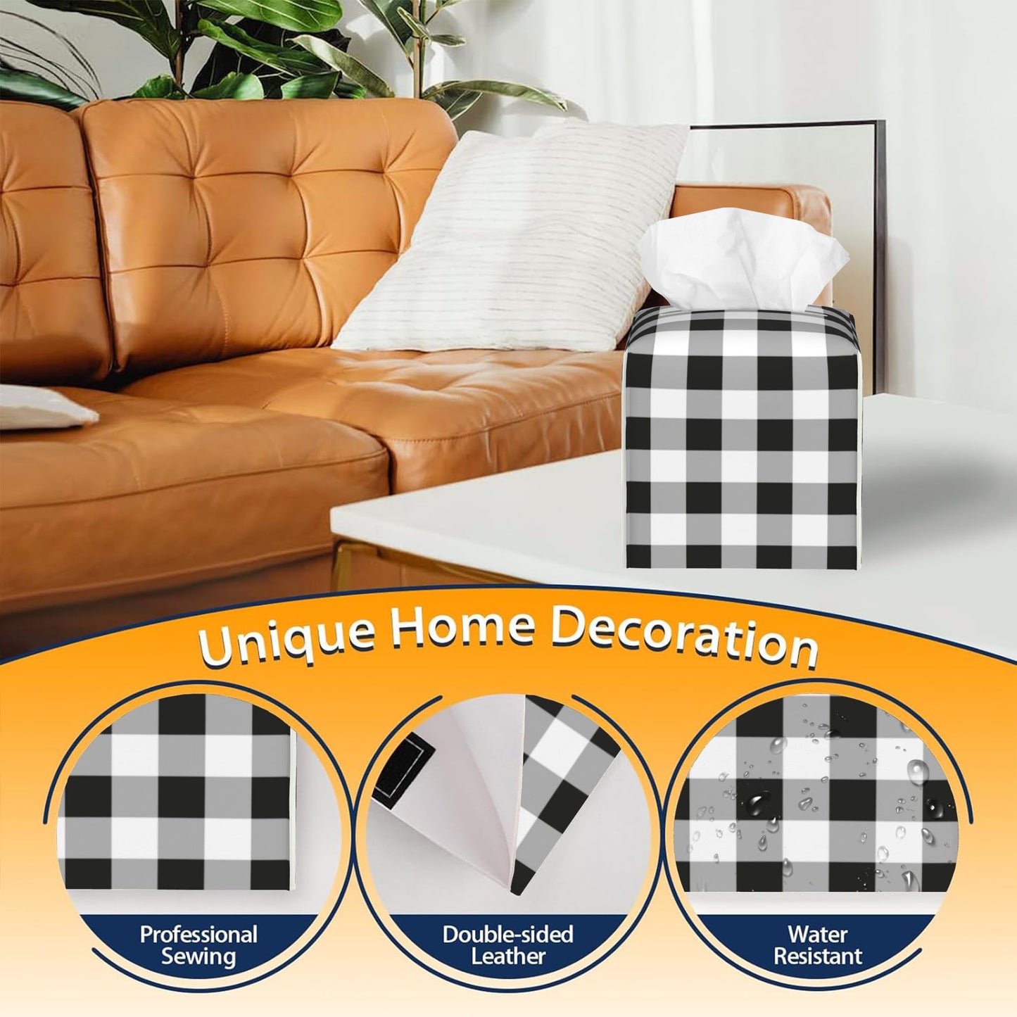 Tissue Box Cover Square, Black Grey White Buffalo Plaid Checkered Leather Tissue Box Cover Decorative Facial Paper Organizer Dispenser for Bathroom Kitchen Bedroom Vanity Countertop Night Stands
