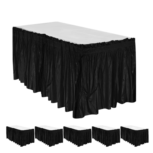Axigundaone 6 Pcs Plastic Black Table Skirts for Rectangle Tables, Disposable Table Skirts with Adhesive Strip, 28 Inch x 14 Ft Rectangular Table Skirts for Party, Wedding,Banquet