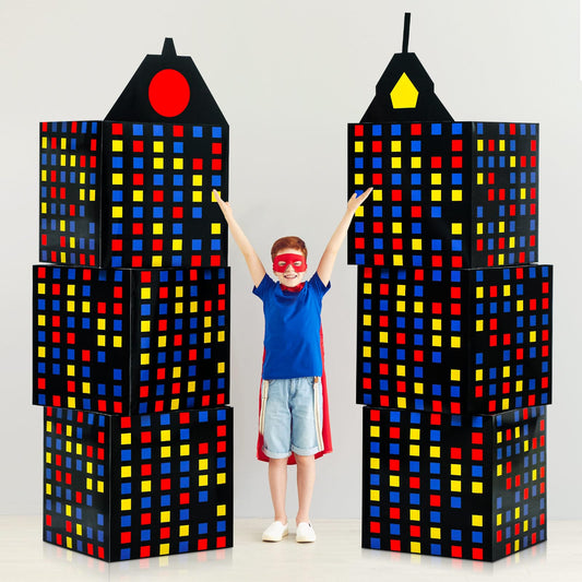 Weekgrat 6 Pcs Large Hero Party Decoration 11 Inch Hero Boxes Skyscraper City Box Gift Spider Bat Heroes Birthday Party Favor Boxes Centerpiece Decor for Classroom Birthday Photo Prop(Multicolor)