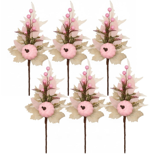 Adurself 6PCS Pink Fall Picks with Pumpkins – Artificial Autumn Floral Stems with Pink Pumpkin, Berries and Leaves for Thanksgiving Harvest Centerpiece, Vase, Home & Party Decoration