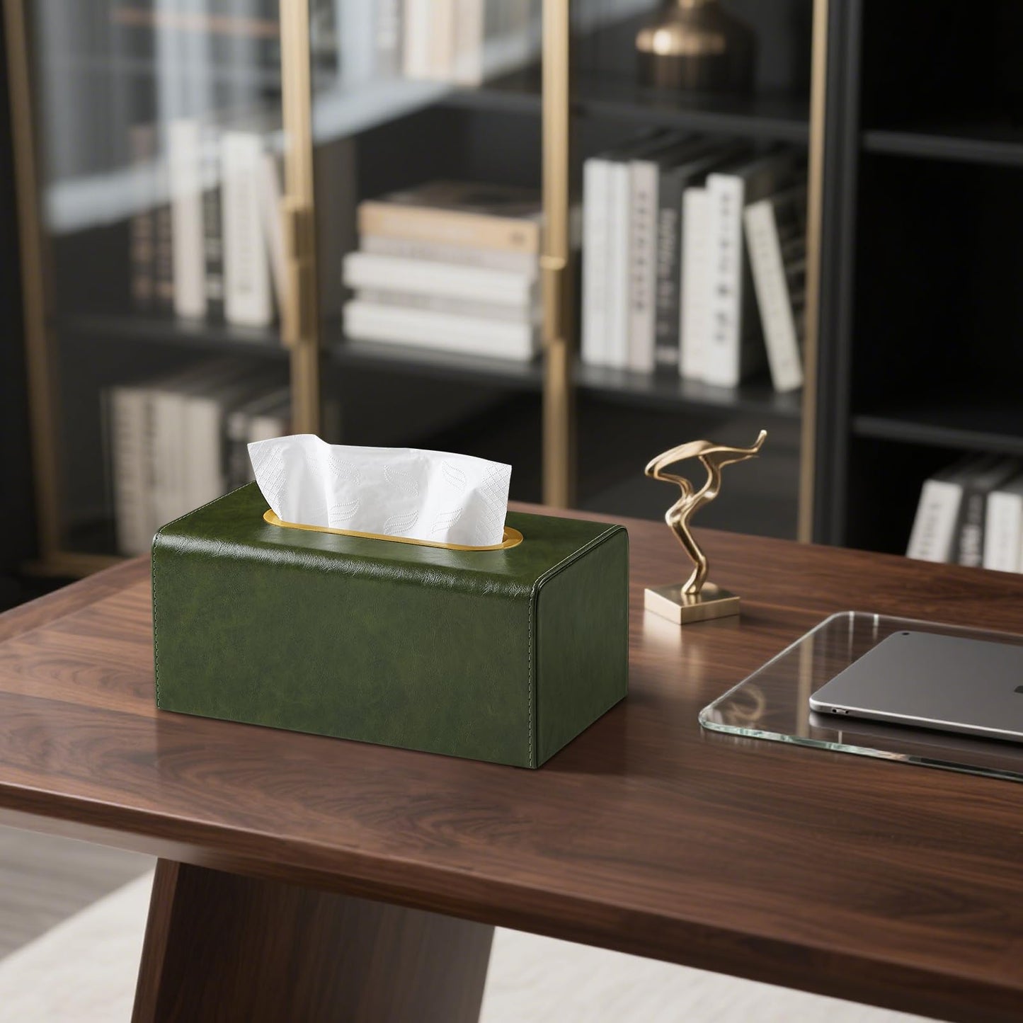 MEIBOOCH PU Leather Tissue Box Cover Rectangular Tissue Box Holder for Boxes Up to 3.9" Tall, Decorative Rectangle Tissue Cover for Bathroom Living Room Car Office (Dark Green)