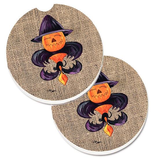 Caroline's Treasures 8748CARC Halloween Pumpkin Bat Fleur de lis Set of 2 Cup Holder Car Coasters Absorbent Sandstone Coasters for Car Cup Holders Gifts for Men or Women, Large, Multicolor