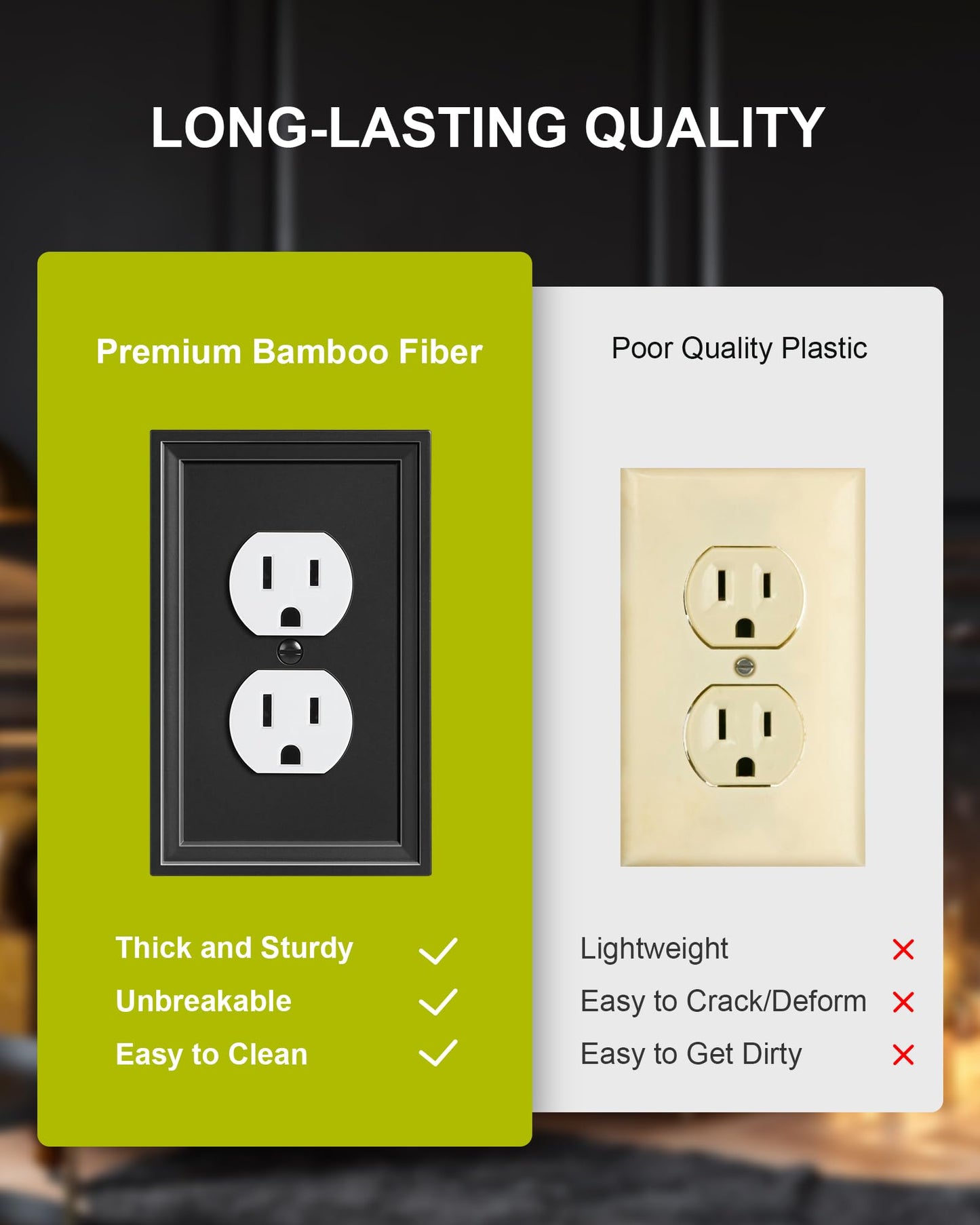 TREEWELL 4-Pack Duplex Outlet Cover, Natural Bamboo Fiber Switch Plates and Outlet Covers, Black Decorative Wall Plates for Electrical Outlets, 1 Gang Receptacle Cover, Corrosion Resistant