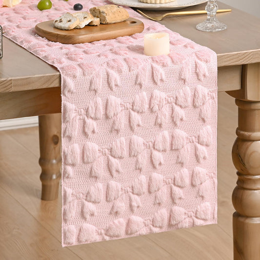 Artoid Mode Pink Soft Plush Faux Fur Jacquard Bows Table Runner, Valentine's Kitchen Dining Table Decoration for Home Party Decor 13x72 Inch