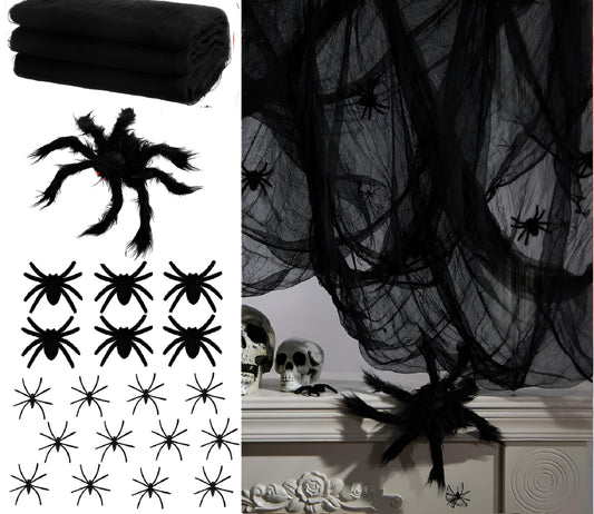 WinnerWhy 20 Pcs Halloween Creepy Cloth with Black Fake Spiders Realistic Large Spider Web Decoration Scary Props for Haunted Horror Yard Window Doorway Outdoor Halloween Themed Decorations(Black)