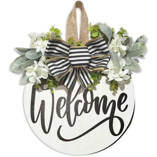 Ksdkrme Welcome Wreaths Sign for Front Door, Rustic Wood Wreath with Bow, Welcome Home Porch Hanging Sign Gift, for All Seasons Holiday Farmhouse Outdoor & Indoor Decorations