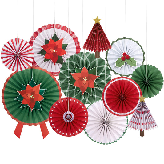 PAPER JAZZ 15cs Vintage Christmas Hanging Paper Fans with Poinsettia Flowers Artificial,Christmas 3D Paper Tree,Red Green White Wall/Ceiling Decorations for Xmas,New Year,Winter Party,Holiday Party.