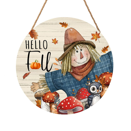 Hello Fall Scarecrow Pumpkin Door Sign For Front Door Decor,Autumn Harvest Maple Leaf Mushroom Wooden Sign 12"x 12" Round Wood Hanging Door Sign Thanksgiving Decoration for Wall Rustic Porch Decor