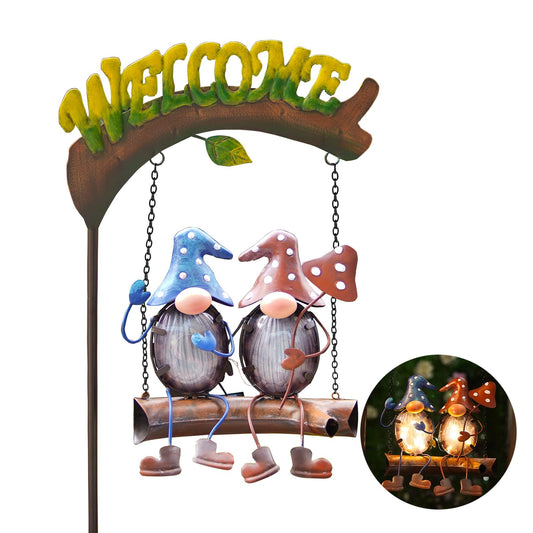 HONGLAND Gnomes Garden Decor Solar Lights, 48 Inch Welcome Sign Swing Yard Decorations Outdoor Decorative Stake for Lawn Porch Backyard Patio, Gnome Gardening Gifts for Women Mom