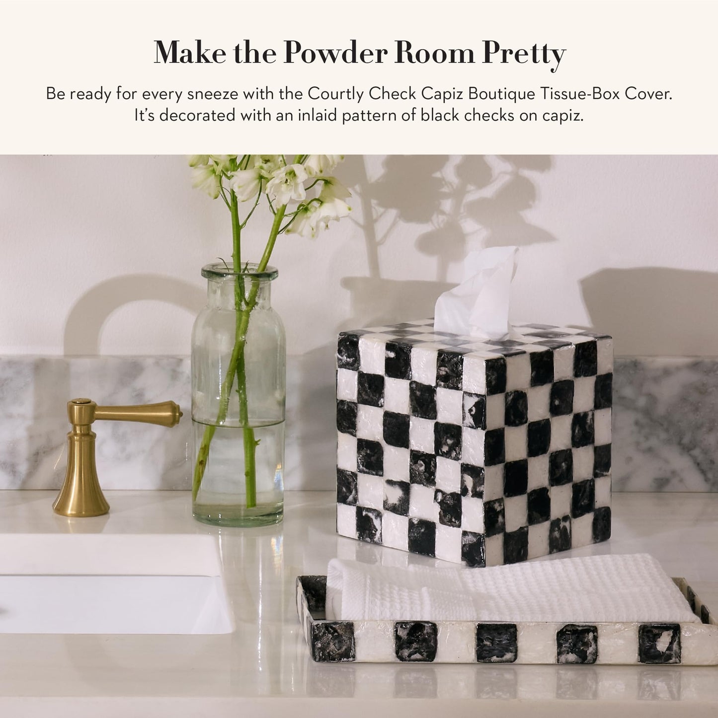 MACKENZIE-CHILDS Boutique Square Capiz Tissue-Box Cover, Decorative Tissue Holder, Black-and-White Courtly Check