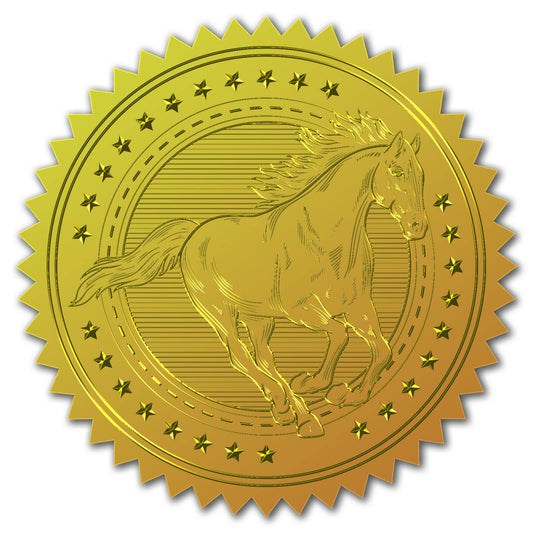 CRASPIRE 100pcs Gold Foil Certificate Seals - Mustang Embossed Gold Certificate Seals 2" Round Self Adhesive Embossed Stickers for Invitations, Graduation, Monogram
