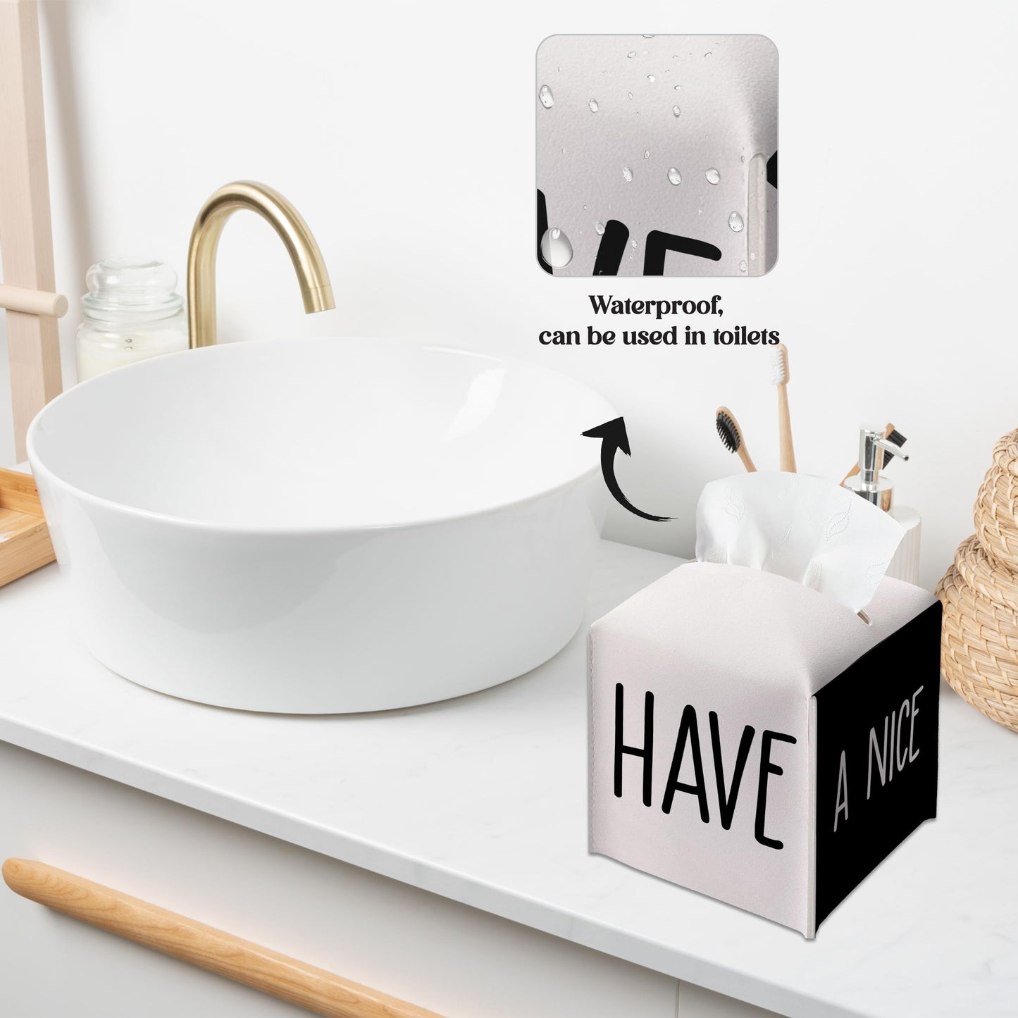 Have A Nice Poop Tissue Box Cover, Funny Bathroom Decor, Square Decorative Tissue Box Holder with Bottom Belt, for Women Men, Leather Toilet Paper Cover for Tabletop Bathroom-A06