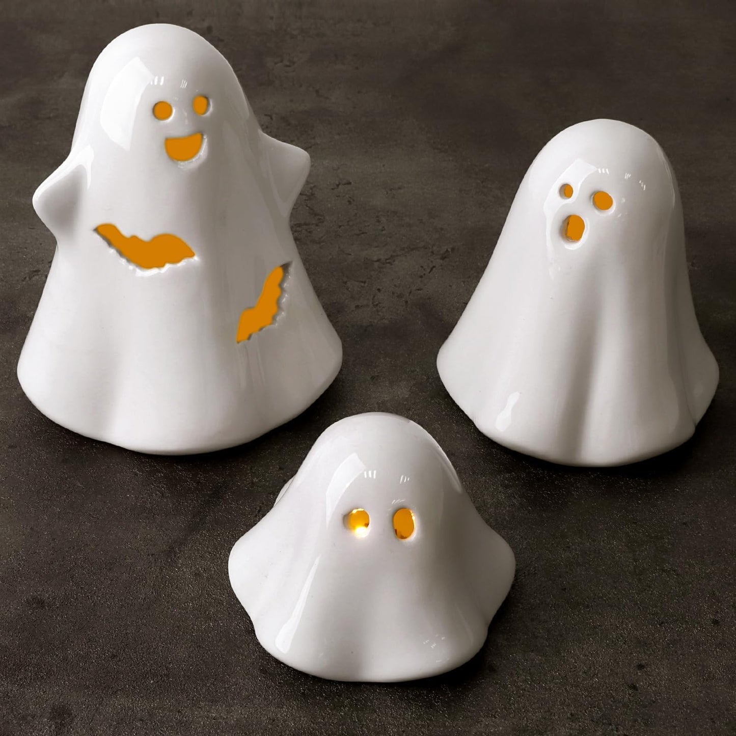 Halloween Decorations Big Ceramic Ghost Figurines: 3ct Spooky Light Up Ghost Decor with LED Lights, Cute Pastel Farmhouse Table Tiered Tray Fireplace Halloween Decor for Kids Home Office Party