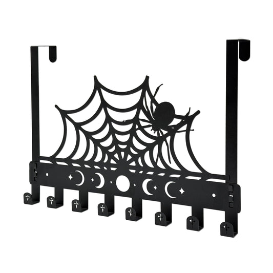 Gothic Spider Web Over The Door Hooks - 8-Hook Set with Moon Phase & Cross Design for Halloween Spooky Bathroom Decor | Metal Towel Hanger for Goth Home Accessories | Halloween Gothic Wall Organizer