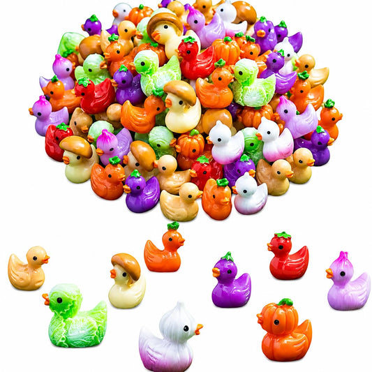 90Pcs Mini Resin Ducks Bulk, Vegetable Fruit Tiny Duck Figurines, Mushroom Pumpkin Strawberry Miniature Figures for Fairy Garden, Micro Landscape, Slime Charms, Cake Toppers, Small Prizes(DUCK)