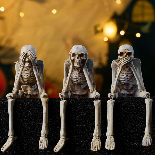 HOLIHIFI Halloween Skeleton Decor Indoor Hear See Speak No Evil Skeletons for Mantel Shelf, Set of 3 Resin Funny Skeleton Decorations