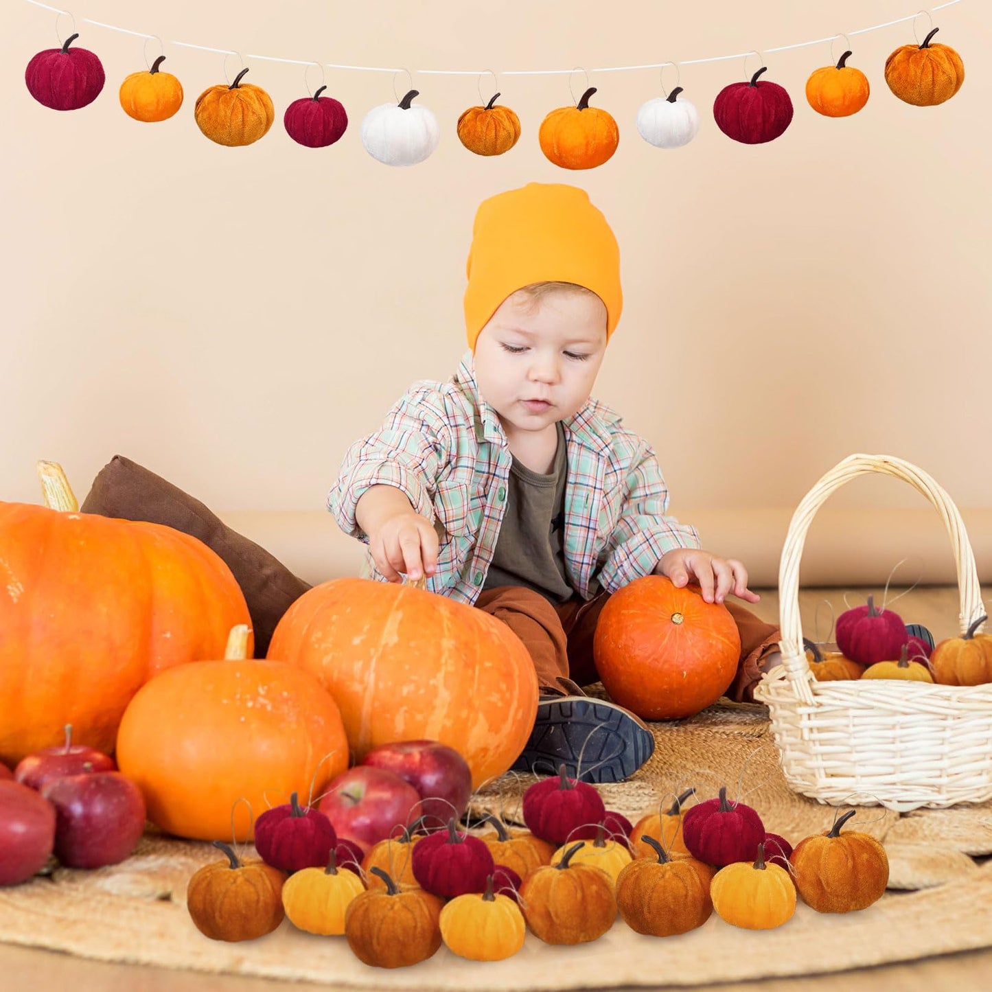 Sotiff 24 Pcs Fall Mini Tree Ornaments Pumpkin Hanging Ornaments Glitter Foam Ball Fabric Wrapped Small Fake Pumpkins Mini Ball for Autumn Home Thanksgiving Christmas Decors (Rustic)