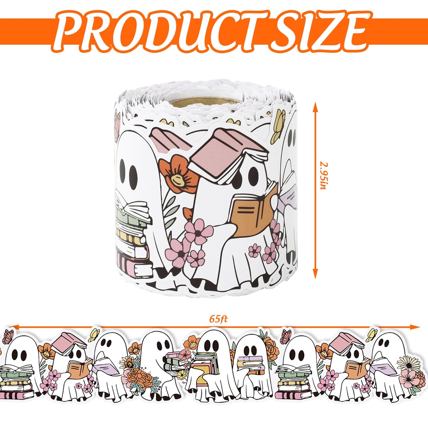 Whaline 65 Ft Halloween Bulletin Board Border Boo Ghost Book Floral Die Cut Trim Border Roll for Home Party Classroom Chalkboard Window Decor