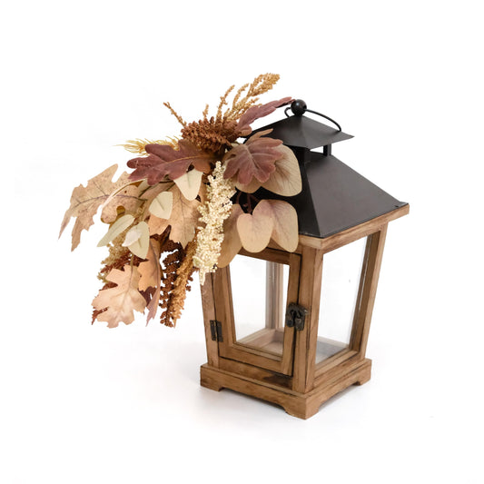 LushNook Fall Lantern Decoration, Large Wooden Hurricane Candle Lantern Decorated with Autumn Wheat Leaves, Fall Decor for Home, 14" Tall