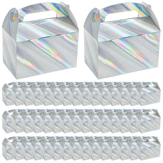 ZAVOOS 50 Pack Party Favor Boxes, 6.3 x 3.7 x 3.7 Inch Iridescent Candy Gable Boxes with Handle, Paper Goodie Gift Box Snack Cookies Containers bulk for Christmas, Wedding, Birthday