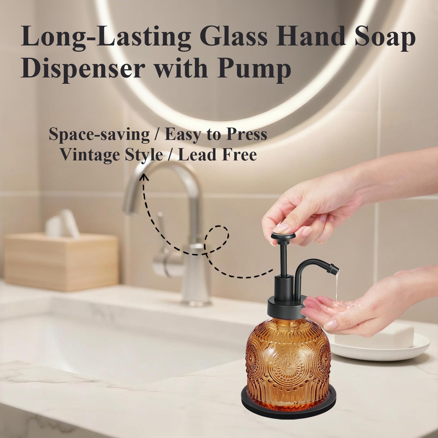 Amolliar 8 Oz Vintage Glass Bathroom Soap Dispensers with Pump, 2 Pack Refillable Kitchen Dish Soap Dispenser with Non-Slip Mat, Antique Rustic Hand Soap Liquid Bottle (Brown-Black Pump)