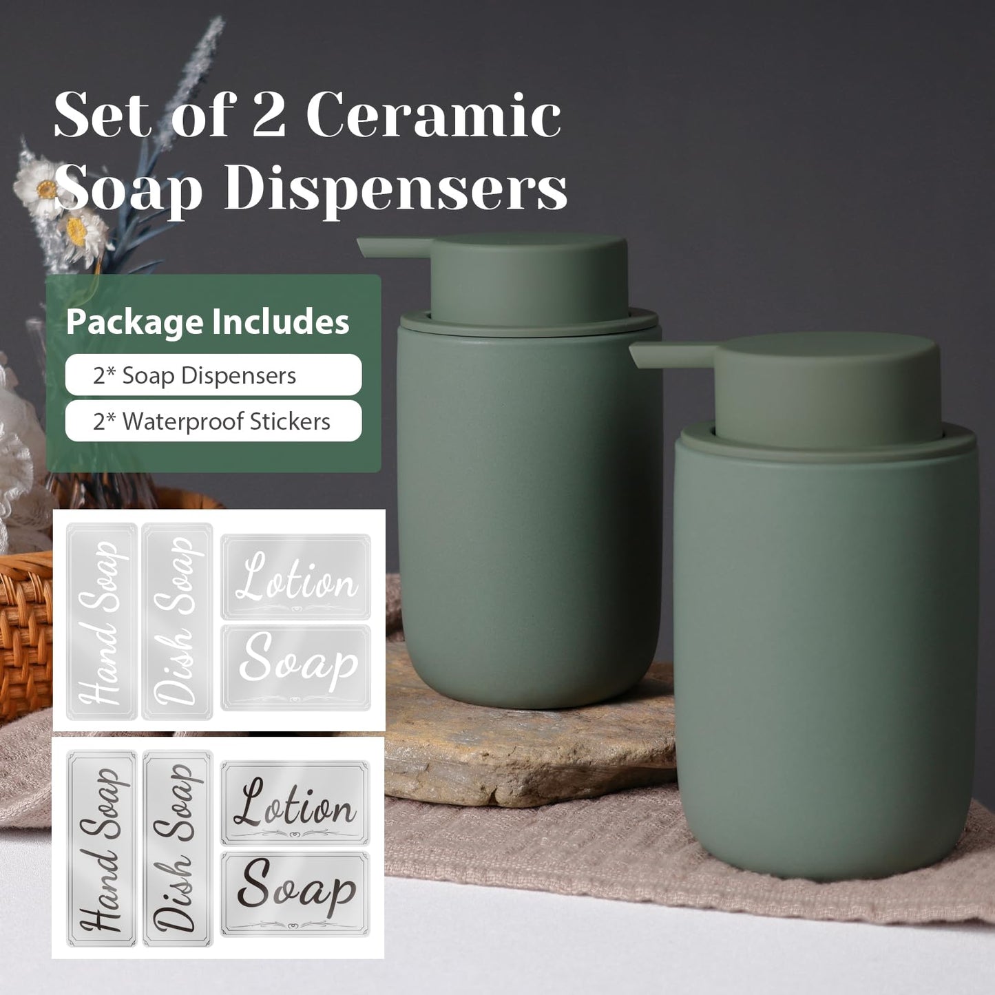 INGOFIN Ceramic Lotion Soap Dispenser Set, 2 Pack (12 oz) Bathroom Hand Soap Dispenser with Pump, Liquid Hand and Dish Soap Dispenser Set, 8 Pcs Clear Stickers, for Kitchen Bathroom-Matte Green
