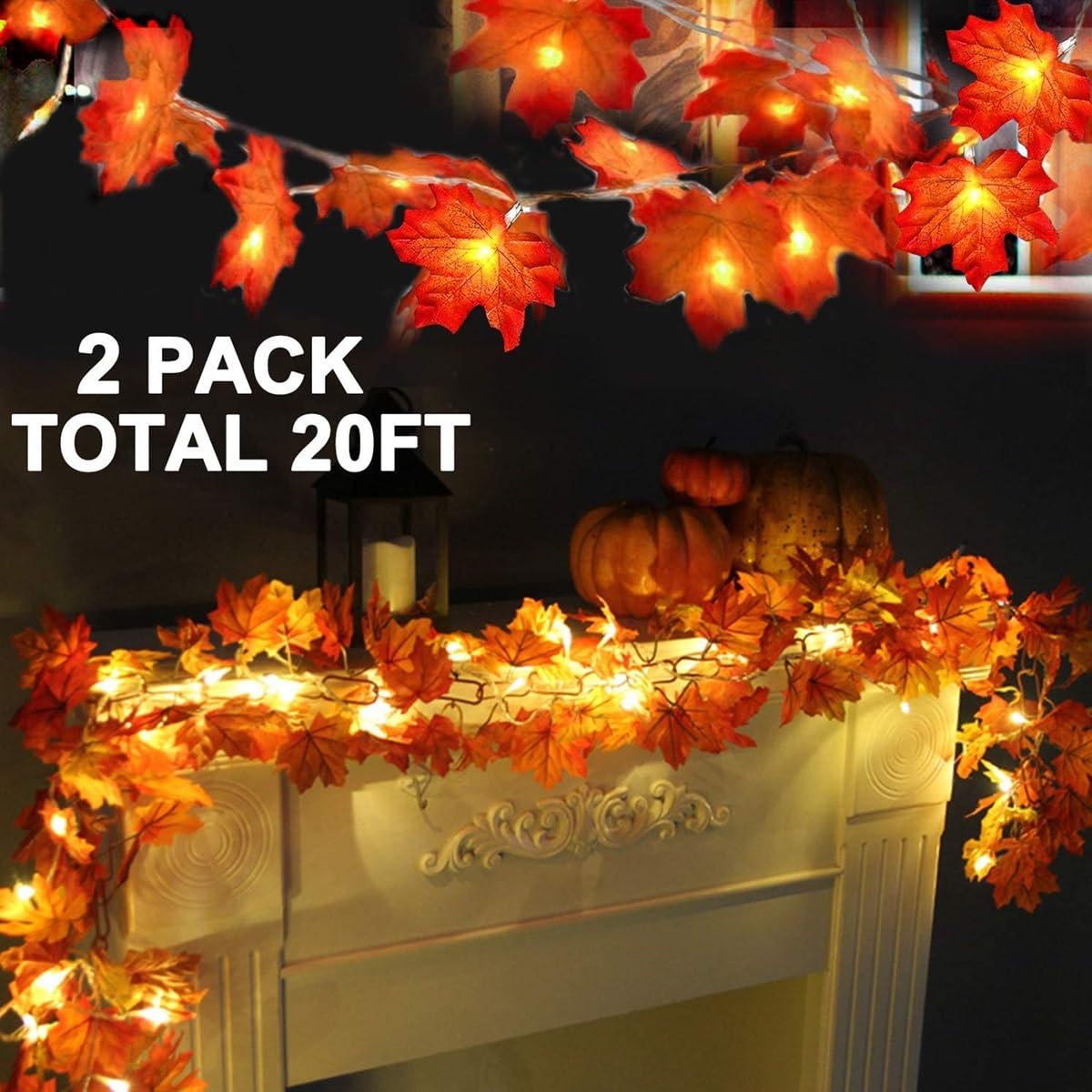 TURNMEON 2 Pack Fall Decor Enlarged Maples Leaves Lights Total 20Ft 40LED
