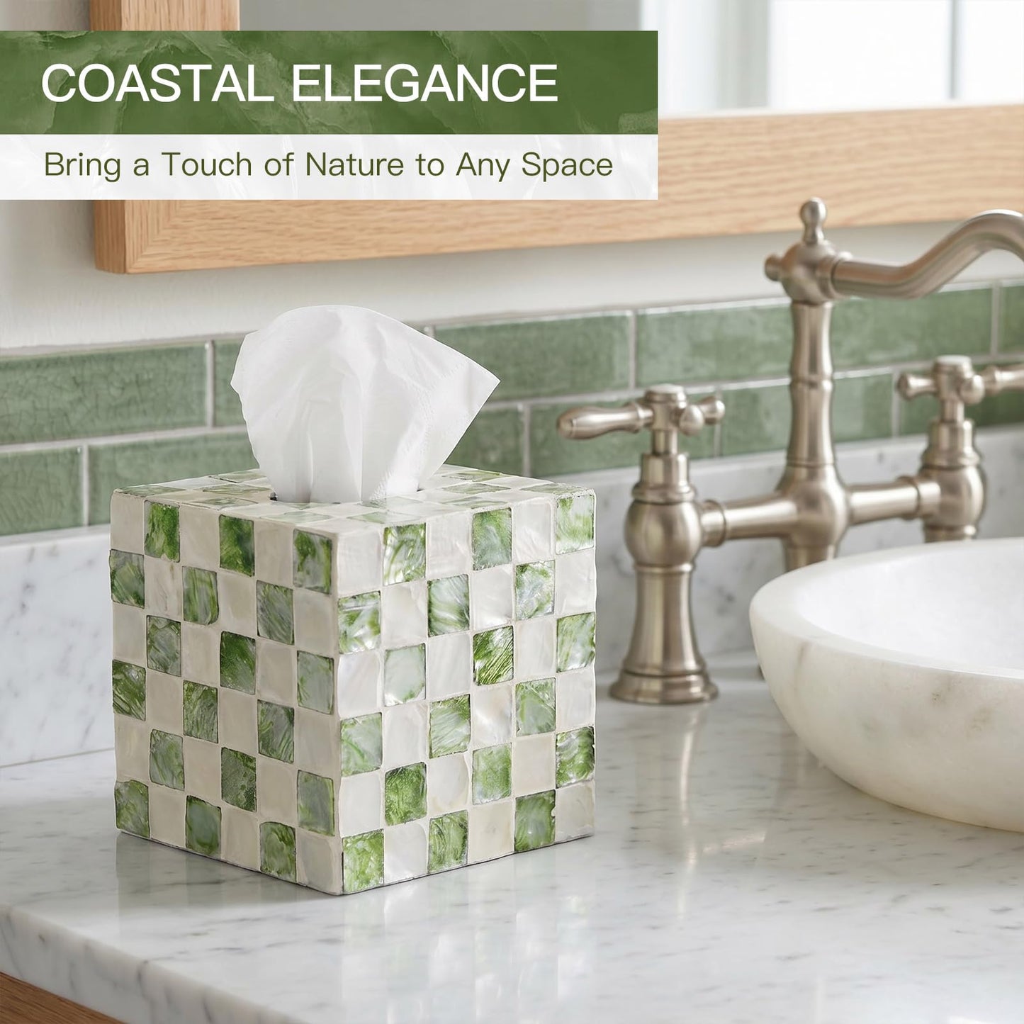 Coeusy Capiz Tissue Box Cover, Square Decorative Tissue Holder with Bottom Slider, Handmade Checkered Cube Tissue Box Cover for Bathroom Vanity,Office or Bedroom,Green
