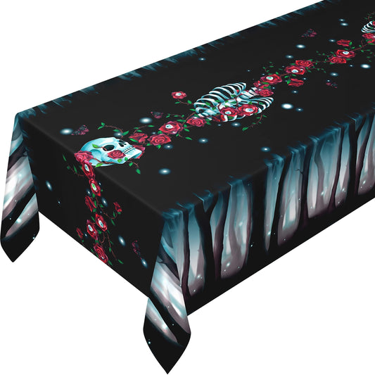Cheerland Halloween Gothic Tablecloth Rose Skull Table Cloth Rose Skeleton Fabric Table Cover Black and Red Design for Halloween Weddings Summerween Birthday and Party Decor Supplies