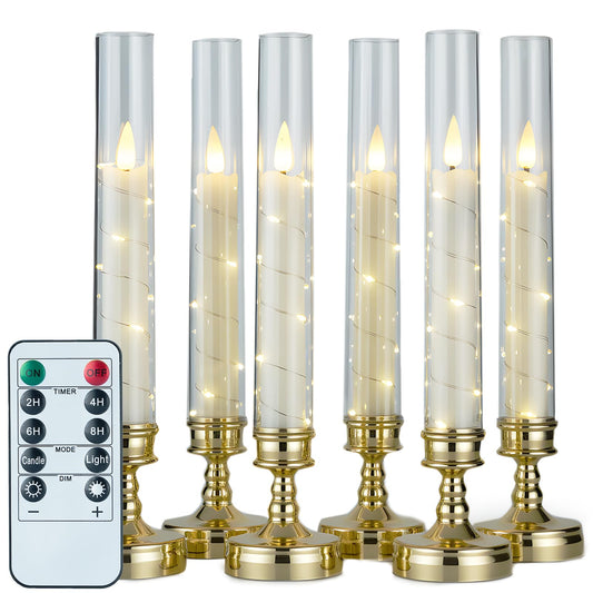 Prerish 6PCS Flameless Candles with Timer, Flickering Fake Electric LED Candles for Romantic Ambiance, Battery Operated Candles, Centerpiece Table Decorations, Wedding, Halloween, Christmas (Gold)