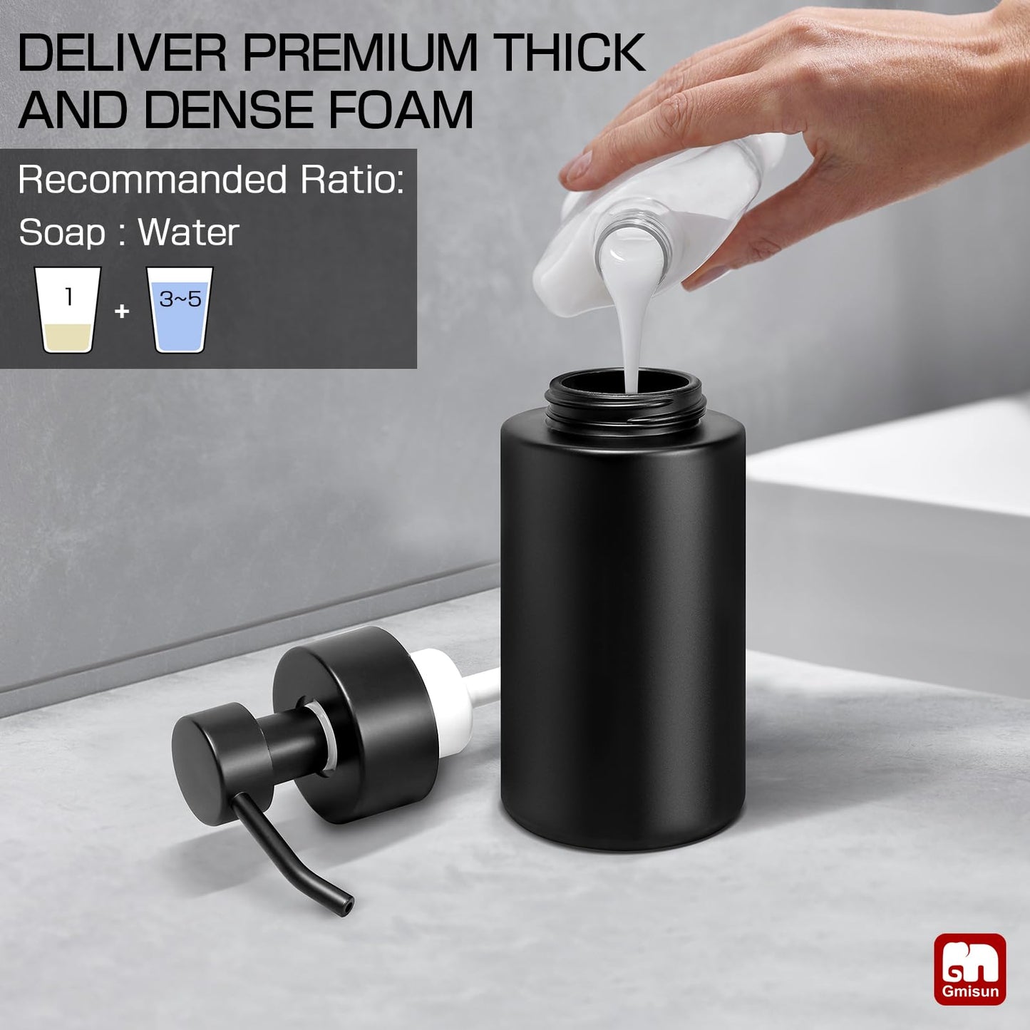 GMISUN Foaming Soap Dispenser, 10 Fl oz/300 ml Matte Black Glass Foaming Hand Soap Dispenser, 2Pcs Hand Soap Dispensers for Bathroom & Kitchen, Refillable Foam Soap Pump Bottle with Waterproof Labels