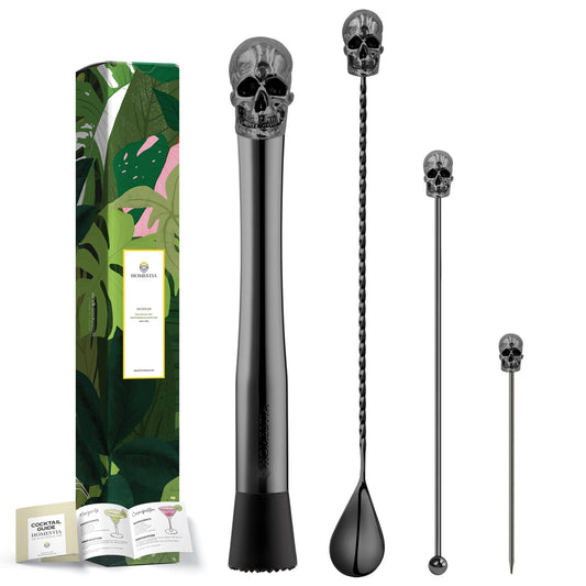 Homestia Black Skull Cocktail Muddler Set, Stainless Steel Bartender Tool Kit with Skull Muddler, Bar Spoon & Pick, Halloween Gothic Barware Gift Box & Cocktail Guide Set of 4