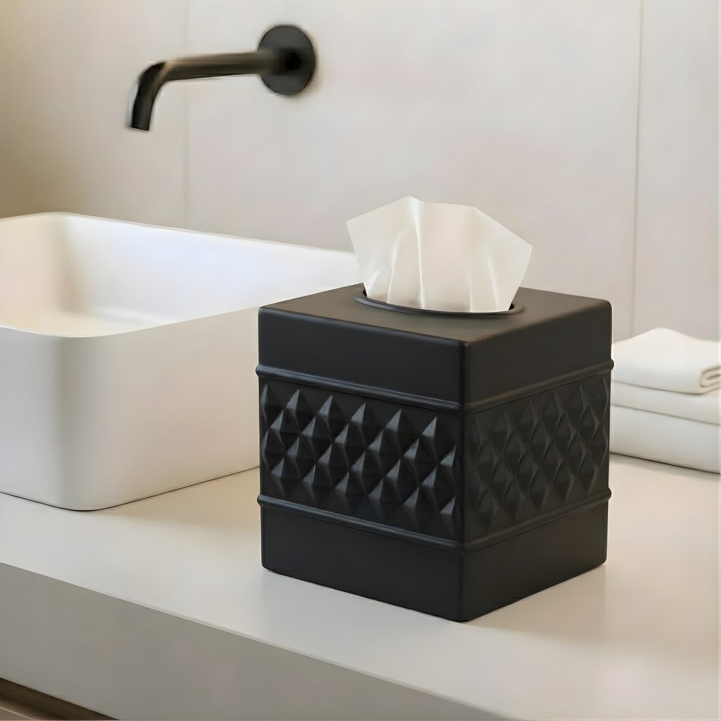 Monarch Abode Tissue Box Cover Square – Handcrafted Geo Embossed Black Metal Tissue Holder Box for Bathroom Accessory, Aesthetic Decorative Facial Napkin Cube for Modern Home Décor