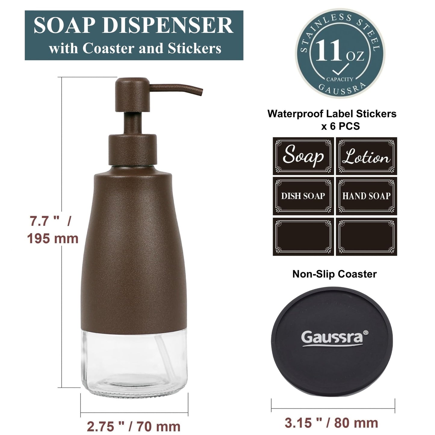Gaussra Matte Brown Soap Dispenser with Coaster and Stickers, Stainless Steel and Glass Bottle Hand Pump Dispenser, Refillable Liquid Hand Soap Dispenser for Bathroom & Kitchen (11OZ / 320ML)