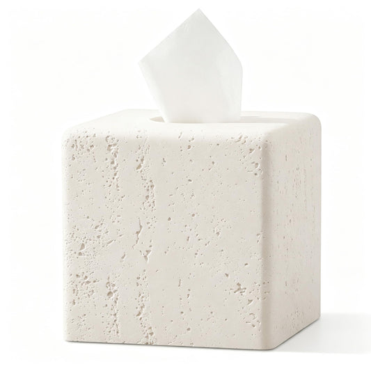 Haocoott Tissue Box Cover Square, Resin Facial Tissue Holder Covers Toilet Paper Holder Decorative Travertine Paper Dispenser Home Decor for Bathroom Bedroom Living Room Office (Off White)