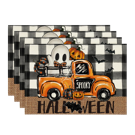 Artoid Mode Buffalo Plaid Bat Ghost Truck Spooky Halloween Placemats Set of 4, 12x18 Inch Seasonal Table Mats for Party Kitchen Dining Decoration