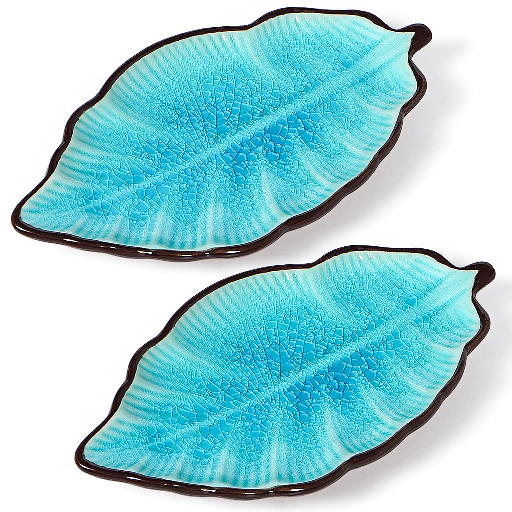 Sanbege 2 Pack Leaf Spoon Rest, Ceramic Ladle Holder, Modern Farmhouse Decorative Utensil Rester for Stove Top, Kitchen Counter, Dining Table, Coffee Station (Teal)