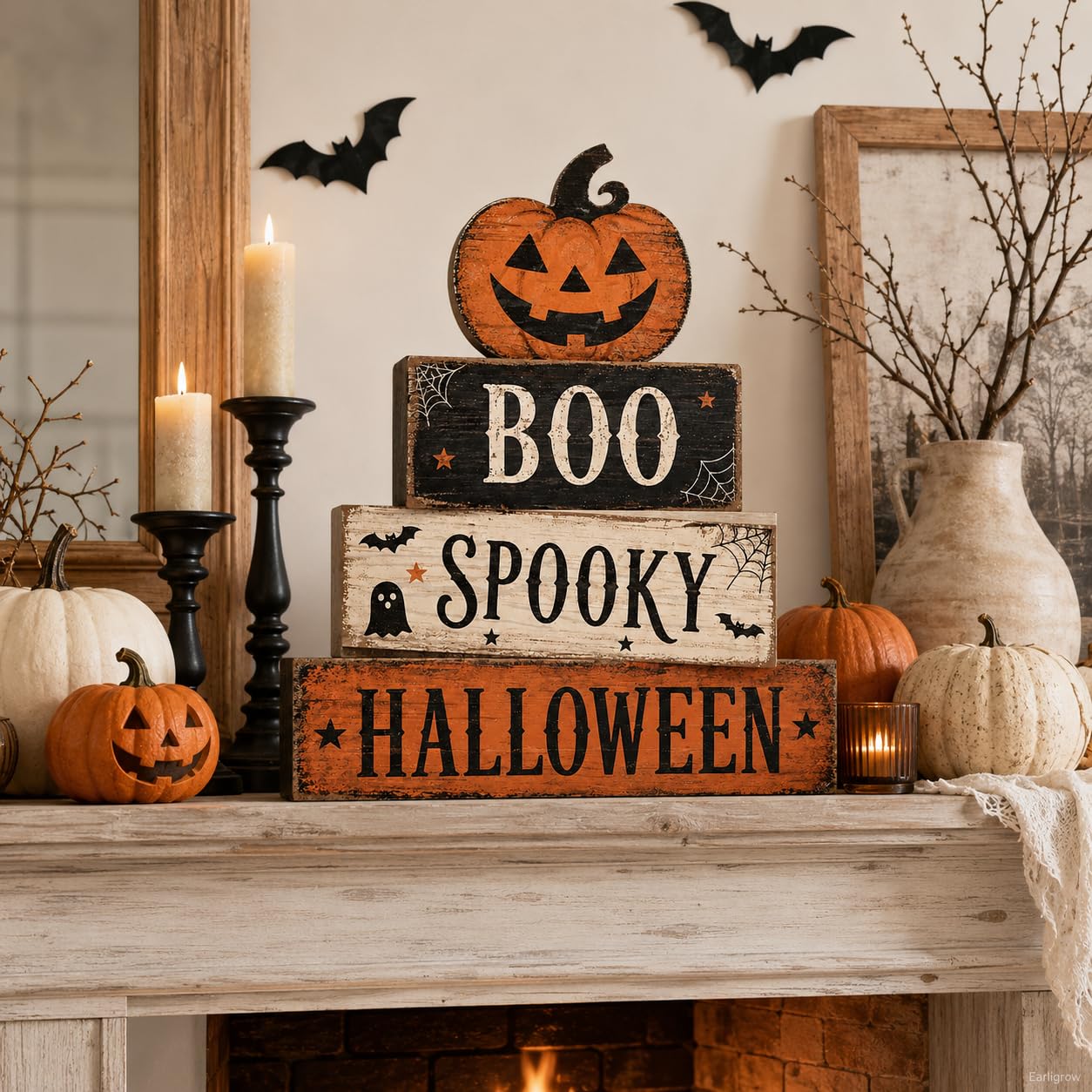 4 Pcs Halloween Table Decorations, Spooky Boo Tiered Tray Decor, Wooden Block Signs with Jack-O-Lantern, Farmhouse Rustic Tabletop Centerpiece for Home Shelf Kitchen Coffee Bar