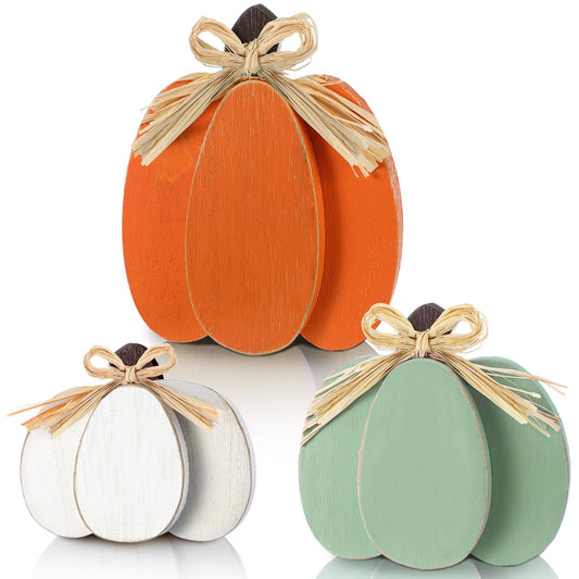 Ferraycle 3 Pcs Fall Pumpkin Decor Fall Wooden Signs 3D Pumpkin Tabletop Decor Farmhouse Sign Rustic Tiered Tray Decorations Block Centerpieces Standing Sign for Home Kitchen Harvest(Stylish Color)
