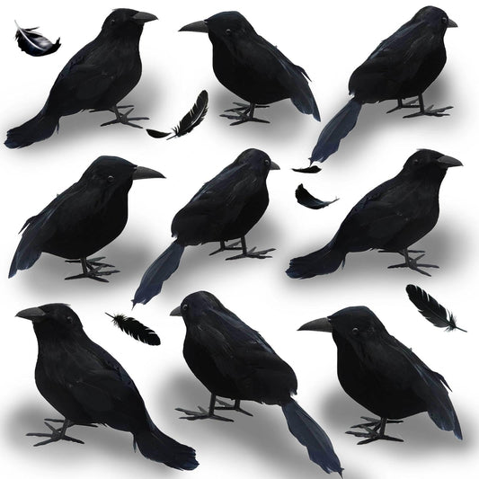 Heyigrow 9 Pcs Realistic Black Crows, Small Size Birds Ravens Feathered Stuffed Animals Halloween Decorations Gothic Props for Party Indoor Outdoor