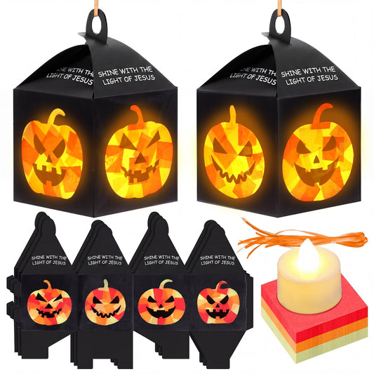 Simgoing 12 Sets Halloween Jack-O-Lantern Crafts with LED Candlelight Christian Shine with the Light of Jesus Tissue Paper Crafts Kits DIY Religious Hanging for Halloween Party Decors