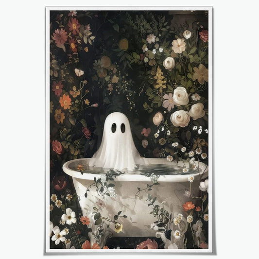 Medpol Ghost wall art for halloween decoration ghost takes a bath tub in flower forest vintage haunting gothic poster painting for dark academia room decor Unframed8x12inch