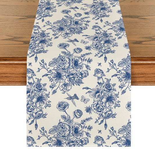 Artoid Mode Spring Navy Blue Floral Chinoiserie Table Runner, Seasonal Summer Kitchen Dining Table Decoration for Home Party Decor 13x90 Inch